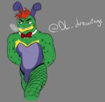  abs alligator alligatorid anthro biceps blush bow_tie bulge bunny_costume clothing costume crocodilian desesperadoleon fishnet five_nights_at_freddy&#039;s five_nights_at_freddy&#039;s:_security_breach green_body hair humanoid male montgomery_gator_(fnaf) multicolored_body muscular muscular_male orange_hair rabbit_ears red_eyes reptile scalie scottgames smoke smoke_from_nose solo teeth triceps video_games yellow_body 