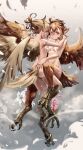  2girls ass bird_legs bird_tail birdrawdream breasts brown_feathers brown_hair brown_wings commentary_request feathered_wings feathers flower flying harpy highres hug looking_at_viewer looking_back monster_girl multiple_girls nude original petal_censor pink_flower pointy_ears small_breasts tail tail_feathers talons white_flower wings 