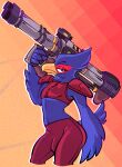  absurd_res anthro avian blue_body bulge clothed clothing crop_top falco_lombardi hi_res looking_at_viewer male midriff nintendo ranged_weapon rocket_launcher salamikii shirt shoulder_pads skimpy solo star_fox topwear video_games weapon wide_hips 