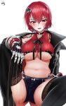  1girl bangs black_legwear blush boots breasts choker claws cleavage fangs hair_between_eyes highres janghwa_(last_origin) jungtong last_origin looking_at_viewer midriff mole mole_under_eye navel open_mouth purple_eyes red_hair short_hair short_shorts shorts signature simple_background sitting solo tattoo thigh_boots thighhighs underboob white_background 