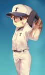  1boy arms_behind_back baseball_cap baseball_jersey baseball_mitt baseball_uniform brown_hair catcher commentary_request hat highres holding jjongjjongmk2 korean_commentary looking_at_viewer original short_hair solo sportswear uniform 