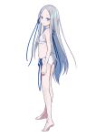  1girl absurdres bikini blue_eyes blue_ribbon camui1104 colored_eyelashes hair_ribbon highres long_hair looking_at_viewer pandora_(re:zero) re:zero_kara_hajimeru_isekai_seikatsu ribbon ribbon_trim see-through silver_hair simple_background smile solo standing swimsuit white_background 