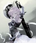  1girl armor armored_leotard arms_up asymmetrical_hair blue_hair feathers ffffcoffee final_fantasy final_fantasy_xiii final_fantasy_xiii-2 gloves gunblade highres holding holding_weapon lightning_farron looking_at_viewer pink_hair serious shield solo thighhighs weapon 