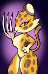  2022 absurd_res anthro brown_body brown_fur brown_spots chest_tuft clawroline claws curvy_figure digital_media_(artwork) eyelashes eyeshadow felid female fur hand_on_hip hi_res hourglass_figure kirby_(series) kirby_and_the_forgotten_land leopard long_claws long_tail looking_at_viewer makeup mammal multicolored_body multicolored_fur nintendo pantherine paws purple_background purple_eyes simple_background smile solo someth1ngoranother spots spotted_body spotted_fur standing tan_body tan_fur thick_thighs tuft video_games wide_hips yellow_body yellow_fur yellow_sclera 