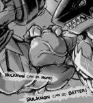  anthro bandai_namco biceps bodily_fluids bulkmon digimon english_text exercise greyscale growth male monochrome muscle_growth muscular muscular_male solo sweat text veiny_muscles waddledox weightlifting weights workout 