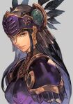  1girl armor black_hair breastplate evil_smile feathers from_side helmet hrist_valkyrie hungry_clicker lips long_hair red_eyes smile solo upper_body valkyrie_profile 
