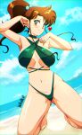  1girl absurdres beach bishoujo_senshi_sailor_moon blue_sky breasts brown_eyes brown_hair choker chromatic_aberration cloud danmakuman dutch_angle hair_bobbles hair_ornament heart highres kino_makoto kneeling large_breasts navel ocean ponytail sidelocks sky sling_bikini_top solo 