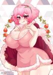  1girl artist_name breasts cape christmas cleavage crush_crush curvy elle_(crush_crush) food frilled_pillow frills fruit highres huge_breasts jewelry licking_lips lingerie looking_at_viewer necklace nightgown osiimi pillow pink_hair red_eyes signature smile solo strawberry thick_thighs thighhighs thighs tongue tongue_out underwear watermark web_address white_legwear 