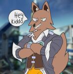  anthro big_tail borderlands canid canine canis chest_tuft clothed clothing cursed_image digital_media_(artwork) fur hair handsome_jack hi_res humor inner_ear_fluff male mammal phant0mhat sharp_teeth sketch smile solo teeth tuft video_games wolf 