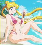  1girl 2021 absurdres bikini bishoujo_senshi_sailor_moon blonde_hair blue_eyes blue_sky breasts choker chromatic_aberration cloud covered_navel crescent crescent_earrings danmakuman double_bun earrings food highres holding holding_food ice_cream_cone jewelry long_hair medium_breasts navel one_eye_closed pink_bikini pink_choker shore signature sitting sky smile soaking_feet solo swimsuit tongue tsukino_usagi twintails very_long_hair wet 