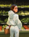  1girl ass back brown_hair cat groceries highres hood hoodie indoors lips parted_lips profile sam_yang shop standing 