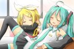  2girls blonde_hair blue_hair bow closed_eyes daylight drooling hair_bow hair_ornament hatsune_miku highres kagamine_rin multiple_girls open_mouth open_window pentagon_(railgun_ky1206) sleeping twintails vocaloid window window_shade 