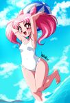  1girl 2021 absurdres ball beachball bishoujo_senshi_sailor_moon blue_sky breasts chibi_usa cloud danmakuman double_bun hair_cones highres holding holding_ball knees_together_feet_apart open_mouth pink_hair red_eyes signature sky small_breasts smile solo standing standing_on_one_leg swimsuit twintails wading white_swimsuit 