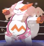  2022 anthro balls belly blush bodily_fluids canid canine cum dipo_(artist) duo ejaculation erection eyes_closed fighting_ring genital_fluids genitals hi_res humanoid_hands kemono male mammal moobs nintendo orange_body overweight overweight_male penis pok&eacute;mon pok&eacute;mon_(species) video_games white_body wrestling zangoose 