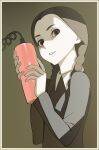  1girl addams_family animification black_hair braid brown_eyes buttons dress fingernails go_robots long_hair looking_at_viewer pale_skin simple_background solo twin_braids wednesday_addams 
