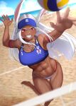  1girl abs absurdres animal_ears armpits arms_up bangs beach beach_volleyball blue_headwear blurry blurry_background blush boku_no_hero_academia breasts dark-skinned_female dark_skin highres japanese_flag_print jewelry large_breasts long_eyelashes long_hair midair mirko muscular muscular_female necklace parted_bangs playing_sports rabbit_ears rabbit_girl red_armband red_eyes smile spiking sport sportswear sweat thighs toin_(koto54576897) toned visor_cap volleyball volleyball_net white_hair 