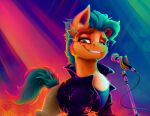  absurd_res alzmariowolfe brown_eyes clothing costume ear_piercing earth_pony equid equine hasbro hi_res hitch_trailblazer_(mlp) horse jacket leather leather_clothing leather_jacket leather_topwear mammal microphone mlp_g5 my_little_pony piercing pony popstar solo star topwear turquoise_hair 