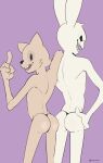  anthro arm_on_shoulder butt clothing cyancoyote domestic_cat duo felid feline felis gesture guggimon hand_on_butt hand_on_hip hi_res janky lagomorph leporid male male/male mammal middle_finger rabbit sharp_teeth superplastic teeth thong underwear 