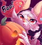  2018 accessory ambiguous_gender braixen candy canid canine ck4xji6 dessert fangs food fox fruit hair_accessory hairpin halloween halloween_costume hi_res holding_object holidays inner_ear_fluff jack-o&#039;-lantern mammal mummy_costume mummy_wrappings nintendo plant pok&eacute;mon pok&eacute;mon_(species) portrait pumpkin red_eyes sky smile solo star starry_sky tongue tongue_out tuft video_games 