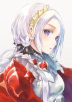  1girl breasts edelgard_von_hresvelg fire_emblem fire_emblem:_three_houses fire_emblem_warriors:_three_hopes forehead gold_hairband hair_behind_ear head_tilt highres jacket long_hair looking_at_viewer medium_breasts parted_hair ponytail portrait purple_eyes red_jacket solo t_amayuki_b white_background white_hair 