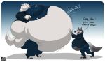 2016 anthro belly big_belly blush canid canine canis chubby_cheeks clothed clothing dessert dialogue dino.d.dice disney doughnut duo english_text fangs fat_rolls food fur gary_(zootopia) hand_on_stomach holding_doughnut holding_food holding_object hyper hyper_belly larry_(zootopia) male mammal morbidly_obese morbidly_obese_anthro morbidly_obese_male obese obese_anthro obese_male open_mouth overweight overweight_anthro overweight_male puffed_cheeks raised_tail rumbling_stomach side_view standing text tongue torn_clothing white_body white_fur wolf zootopia 