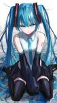  1girl absurdres bare_shoulders black_legwear blue_eyes blue_hair blue_necktie boots detached_sleeves full_body hair_ornament hatsune_miku highres long_hair looking_at_viewer necktie nowoka shirt sitting skirt sleeveless solo thigh_boots thighhighs twintails very_long_hair vocaloid wariza 