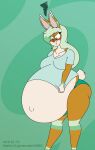  2015 angry anthro belly big_belly big_breasts blush breasts butt clothing digital_media_(artwork) female fur green_eyes hi_res hyper hyper_belly hyper_pregnancy lagomorph leporid mammal martha_(gamemaster19863) multicolored_body multicolored_fur panties pregnant rabbit satsumalord shirt shirt_tug solo topwear two_tone_body two_tone_fur underwear 