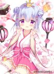  1girl :d azumi_kazuki blue_hair blurry blurry_background blush bow character_request commentary_request cube depth_of_field double_bun floral_print fruits_fulcute! hands_up highres hishimochi japanese_clothes kimono long_sleeves looking_at_viewer petals pink_bow pink_skirt pleated_skirt print_kimono purple_eyes saishi sidelocks sitting skirt smile solo thighhighs two_side_up white_kimono white_legwear wide_sleeves 