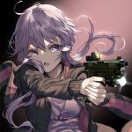  1girl black_jacket commission dress fingernails gun hair_between_eyes highres holding holding_gun holding_weapon hood hooded_jacket jacket long_sleeves open_mouth purple_dress purple_eyes purple_hair short_hair_with_long_locks skeb_commission solo striped striped_dress upper_body vertical-striped_dress vertical_stripes vocaloid voiceroid weapon yappen yuzuki_yukari 