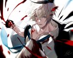  1boy arknights bangs black_gloves black_jacket blood blood_on_clothes blood_on_face blood_on_hands blue_eyes blue_necktie clenched_hand crossed_bangs executor_(arknights) executor_(titleless_code)_(arknights) fingerless_gloves gloves hair_between_eyes halo highres jacket male_focus mtk_(souko) necktie parted_lips punching signature simple_background solo upper_body white_background 