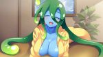  1girl ahoge artist_request blue_skin blue_slime blush breasts closed_eyes colored_skin couch game_cg green_eyes green_hair indoors large_breasts leaning_forward long_hair monster_girl monster_musume_no_iru_nichijou monster_musume_no_iru_nichijou_online naked_raincoat official_art open_mouth plant raincoat slime_girl solo suu_(monster_musume) tentacle_hair very_long_hair yellow_raincoat 