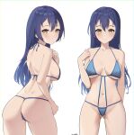  1girl absurdres ass ass_visible_through_thighs bare_arms bare_shoulders bikini blue_bikini blue_hair breasts breasts_apart cowboy_shot from_behind halterneck highres large_breasts long_hair looking_at_viewer looking_back love_live! multiple_views navel simple_background sonoda_umi steeb stomach string_bikini swimsuit thighs white_background yellow_eyes 
