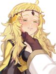  1boy 1girl absurdres ahoge asymmetrical_bangs bangs blonde_hair blush bodystocking breasts cape circlet closed_mouth commission commissioner_upload fire_emblem fire_emblem_fates fire_emblem_heroes gloves grey_eyes hand_on_another&#039;s_face highres kiran_(fire_emblem) leather leather_gloves long_hair male_hand medium_breasts misokatsuhaumai non-web_source ophelia_(fire_emblem) pantyhose sweat turtleneck upper_body 