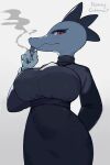  2:3 anthro bea_santello big_breasts biped breasts clothing crocodilian female grey_body hand_behind_back honeycalamari looking_at_viewer night_in_the_woods red_eyes reptile scalie signature simple_background smoking solo video_games white_background 