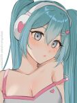  1girl aqua_hair artist_name bare_shoulders blue_eyes blush breasts cleavage closed_mouth collarbone hair_ornament hairclip hatsune_miku head_tilt headphones heart heart_hair_ornament highres lipstick long_hair looking_at_viewer makeup medium_breasts simple_background sleeveless solo strap_slip twintails upper_body very_long_hair vickie_(cryingrobot) vocaloid web_address white_background 