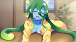  1girl ahoge artist_request blue_skin blue_slime blush breasts closed_eyes colored_skin couch game_cg green_eyes green_hair indoors leaning_forward long_hair monster_girl monster_musume_no_iru_nichijou monster_musume_no_iru_nichijou_online naked_raincoat official_art open_mouth plant raincoat slime_girl small_breasts solo suu_(monster_musume) tentacle_hair very_long_hair yellow_raincoat 