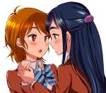  2girls black_hair blue_eyes blush bow commentary_request eyelashes futari_wa_precure hair_ornament hairclip holding_hands long_hair looking_at_another misumi_nagisa multiple_girls open_mouth orange_eyes orange_hair precure pukara school_uniform shirt short_hair simple_background white_background white_shirt yukishiro_honoka yuri 