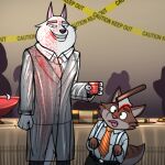  american_psycho anthro canid canine canis clothing costume domestic_cat fake_blood felid feline felis halloween halloween_costume holidays illumination_entertainment jerry_(sing) jimmy_crystal male mammal sing_(movie) trashbadger wolf 