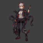  1girl ahoge antennae arknights assault_rifle black_footwear black_gloves black_jacket black_legwear black_scarf black_skirt demon_girl demon_horns demon_tail fingerless_gloves frilled_skirt frills full_body gloves grenade_launcher grey_background grey_hair grey_shirt gun hand_up holding holding_gun holding_weapon horns jacket lowres mizorehi open_clothes open_jacket pantyhose pixel_art rifle scar scar_on_arm scarf shirt shoes short_hair simple_background skirt solo tail w_(arknights) weapon yellow_eyes 