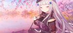  1girl alithea_jane bag black_gloves blush breasts character_name cherry_blossoms closed_eyes copyright_name cross dated_commentary day fence girls&#039;_frontline gloves grin handbag handle hat highres hk416_(girls&#039;_frontline) iron_cross jacket lake long_hair medium_breasts outdoors silver_hair smile solo teardrop_tattoo tree upper_body water white_gloves 