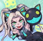  1girl animal_ears bangs bare_shoulders battle_cat_jinx black_legwear black_leotard blonde_hair breasts cat_ears covered_collarbone facial_mark fake_animal_ears green_eyes grin jinx_(league_of_legends) league_of_legends leotard long_hair pantyhose parted_bangs phantom_ix_row sharp_teeth small_breasts smile solo teeth tongue tongue_out twintails 