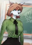  anthro canid canine clothing female fox hi_res kevin_garcia00 mammal red_eyes school_desk school_uniform solo solo_focus student teacher teacher_and_student uniform zero_pictured 
