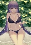  1girl absurdres arm_at_side bangs beach bikini black_bikini braid breasts commission eyebrows_visible_through_hair fire_emblem fire_emblem:_the_binding_blade front-tie_bikini front-tie_top halterneck highres large_breasts light_smile long_hair looking_at_viewer outdoors parted_lips purple_eyes purple_hair samidareame side-tie_bikini side_braid sitting skeb_commission solo sophia_(fire_emblem) swimsuit very_long_hair 