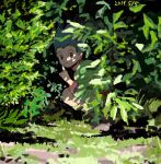  1boy black_hair brown_eyes dappled_sunlight finger_to_mouth gon_freecss green_theme highres hunter_x_hunter index_finger_raised long_sleeves male_focus mito_tomiko nature plant shorts shushing solo spiked_hair squatting sunlight 