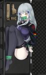  1girl absurdres bangs black_legwear blush breasts eyebrows_visible_through_hair gagged german_flag girls&#039;_frontline green_eyes grey_skirt hair_ornament hairclip highres hk416_(girls&#039;_frontline) long_hair looking_at_viewer lying medium_breasts no_shoes on_side pz-15 restrained silver_hair simple_background skirt solo tactical_clothes teardrop_facial_mark teardrop_tattoo tears thighhighs uniform weapon_case 