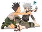  2boys black_hair fang gon_freecss highres holding holding_knife holding_weapon hunter_x_hunter killua_zoldyck knife male_focus mito_tomiko multiple_boys sandals sleeveless spiked_hair weapon white_background white_hair 