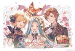  2boys 2girls ^_^ anniversary artist_request bare_shoulders black_dress black_gloves blonde_hair blue_eyes blue_hair bouquet brooch brown_eyes brown_hair closed_eyes company_name contemporary copyright copyright_name djeeta_(granblue_fantasy) dragon dress dress_shirt ear_piercing earrings flower formal gloves gran_(granblue_fantasy) granblue_fantasy grin hair_ornament headdress jewelry looking_at_viewer lyria_(granblue_fantasy) multiple_boys multiple_girls necktie official_art one_eye_closed open_mouth piercing ribbon rose shirt smile suit upper_body vyrn_(granblue_fantasy) white_dress white_gloves 