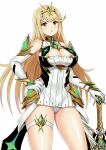 1girl bangs bare_legs bare_shoulders blonde_hair breasts chest_jewel cleavage cleavage_cutout clothing_cutout dress earrings elbow_gloves gloves highres jewelry large_breasts long_hair mythra_(xenoblade) panties pantyshot short_dress solo swept_bangs thigh_strap tiara underwear very_long_hair white_dress white_gloves xenoblade_chronicles_(series) xenoblade_chronicles_2 y.ssanoha yellow_eyes 