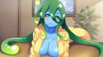  1girl ahoge artist_request blue_skin blue_slime blush breasts colored_skin couch game_cg green_eyes green_hair indoors large_breasts leaning_forward long_hair looking_at_viewer monster_girl monster_musume_no_iru_nichijou monster_musume_no_iru_nichijou_online naked_raincoat official_art plant raincoat slime_girl solo suu_(monster_musume) tentacle_hair very_long_hair yellow_raincoat 