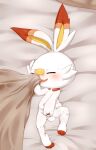  alacarte bed bed_sheet bedding blush bodily_fluids censored eyes_closed female feral furniture genital_fluids genitals hi_res looking_pleasured masturbation nintendo on_bed pok&eacute;mon pok&eacute;mon_(species) pussy pussy_juice scorbunny smelling smile solo vaginal vaginal_masturbation video_games white_body 